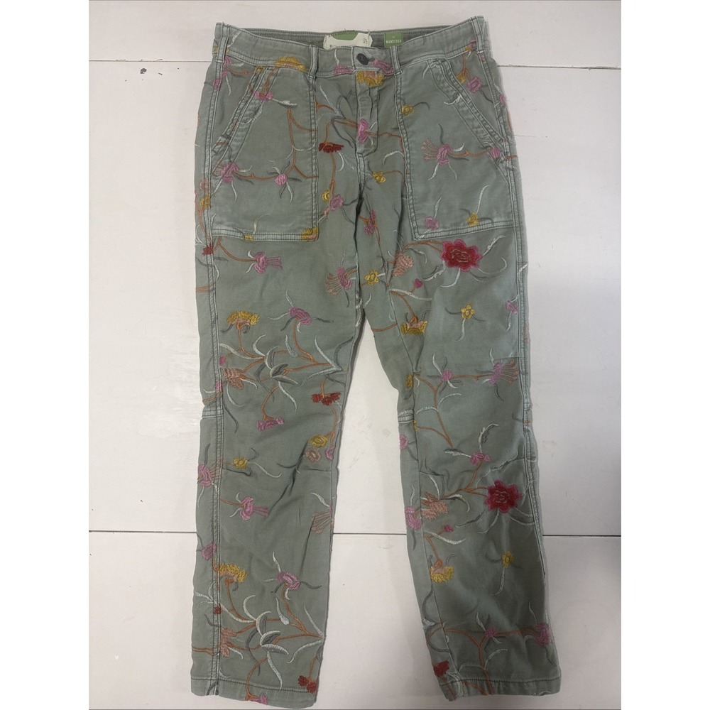 Anthropologie The Wanderer Pants Womens 27 Green Embroidered Floral Chino Twill